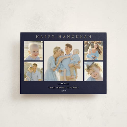 This is a navy hanukkah cards with standard by Oma N. Ramkhelawan called multiple hanukkah wishes printing on signature in postcard