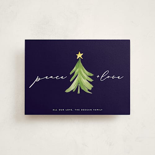 This is a navy petite holiday cards with standard by Erin Deegan called simple tree printing on signature in petite