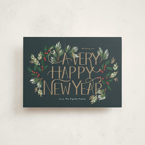 This is a wreath petite holiday cards with standard by Rebecca Durflinger called a very merry christmas botanicals printing on signature in petite