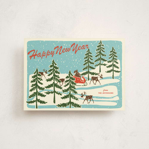 This is a sleigh ride petite holiday cards with standard by Lauren Jinhee called vintage north pole printing on signature in petite