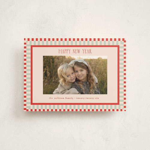 This is a tomato petite holiday cards with standard by Julie Murray called modern plaid printing on signature in petite