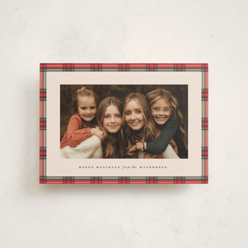 This is a holly berry petite holiday cards with standard by Olivia Kanaley Inman called taffeta tartan printing on signature in petite