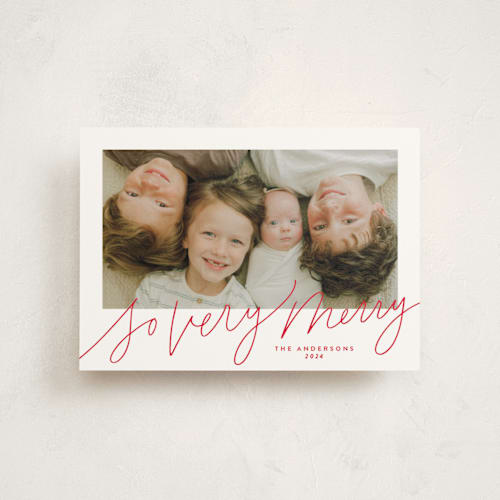 This is a santa suit christmas postcards with standard by Kristen Magee called so very merry script printing on signature in postcard