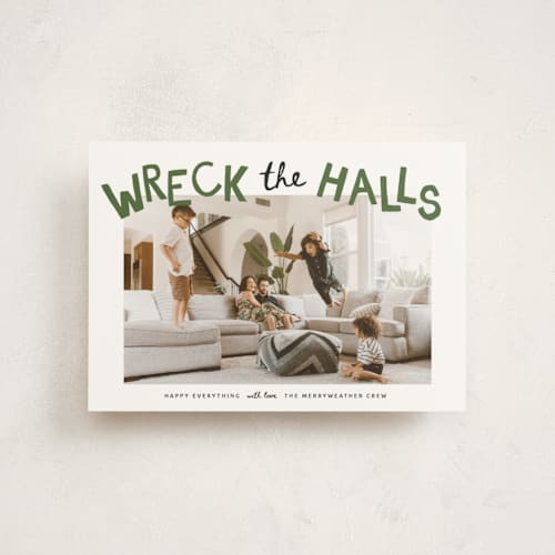 This is a tree farm christmas postcards with standard by Kamala Nahas called wreck the halls with boughs of jolly printing on signature in postcard