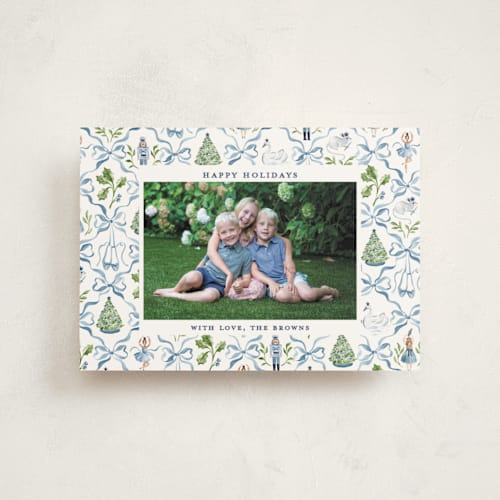 This is a blue ribbon christmas postcards with standard by Sarah Knight called nutcracker ribbons printing on signature in postcard