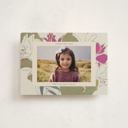 This is a magenta christmas postcards with standard by Lise Gulassa called holiday lily printing on signature in postcard