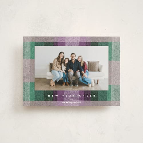 This is a plum christmas postcards with standard by Carrie Moradi called plaid paper printing on signature in postcard