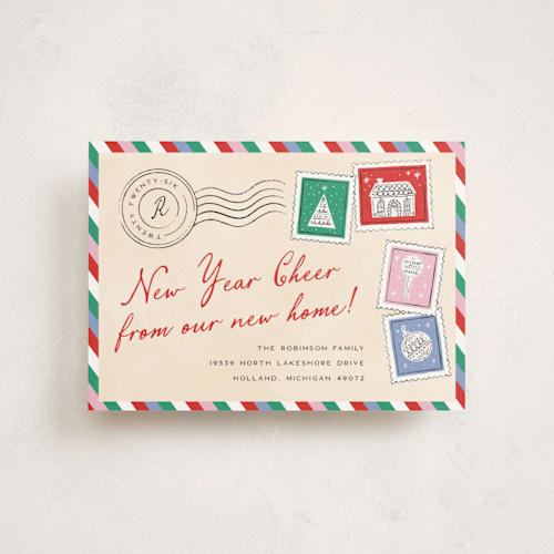 This is a ornament christmas postcards with standard by Pixel and Hank called new holiday home printing on signature in postcard