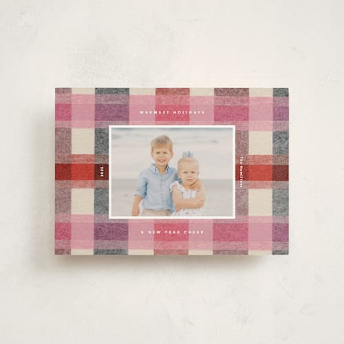 This is a cranberry christmas postcards with standard by Carrie Moradi called cozy checked plaid printing on signature in postcard