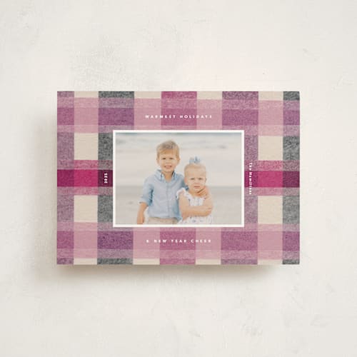 This is a raspberry christmas postcards with standard by Carrie Moradi called cozy checked plaid printing on signature in postcard
