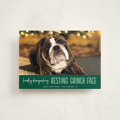 This is a noble fir christmas postcards with standard by Erica Krystek called grinch face printing on signature in postcard