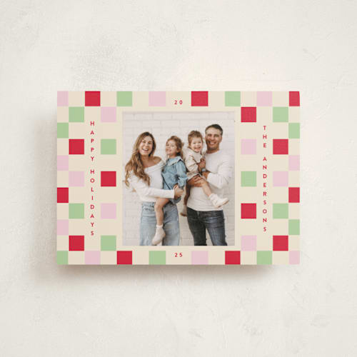 This is a cranberry christmas postcards with standard by Katie Zimpel called happy checkers printing on signature in postcard