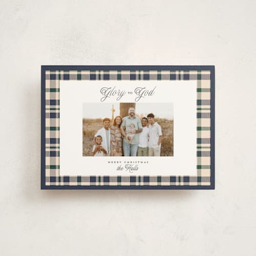 This is a navy christmas postcards with standard by Itsy Belle Studio called glory & plaid printing on signature in postcard