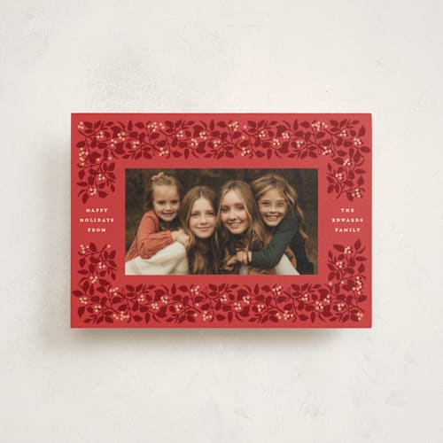 This is a holiday red christmas postcards with standard by Olivia Kanaley Inman called bramble printing on signature in postcard