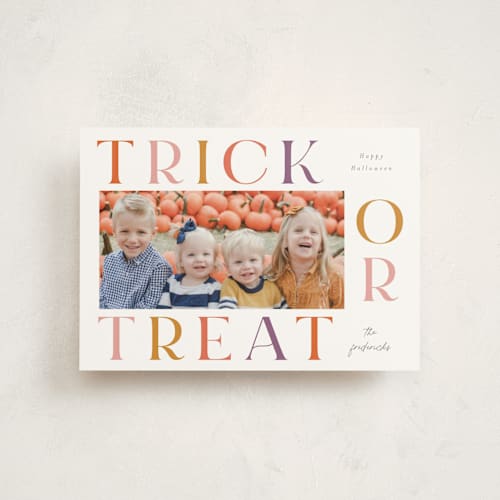 This is a candy bucket halloween party invitations cards by Jackie Crawford called bold trick or treat printing on signature in postcard