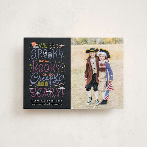 This is a ghoulish halloween party invitations cards with standard by Ashley DeMeyere called spooky kooky creepy scary printing on signature in postcard