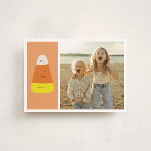 This is a jack o' lantern halloween party invitations cards with standard by Alexandra Cohn called candy corn printing on signature in postcard