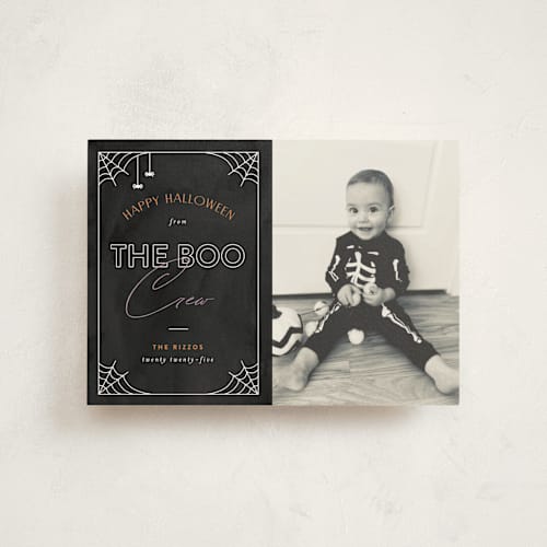 This is a spider halloween party invitations cards with standard by Pixel and Hank called boo crew printing on signature in postcard