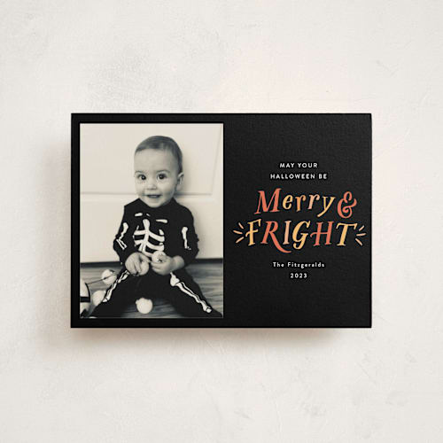 This is a candy halloween party invitations cards by Jackie Crawford called merry and fright printing on signature in postcard