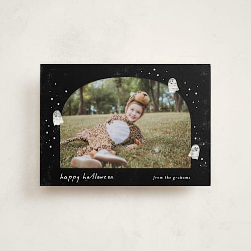 This is a graveyard halloween party invitations cards with standard by Pixel and Hank called ghostly printing on signature in postcard