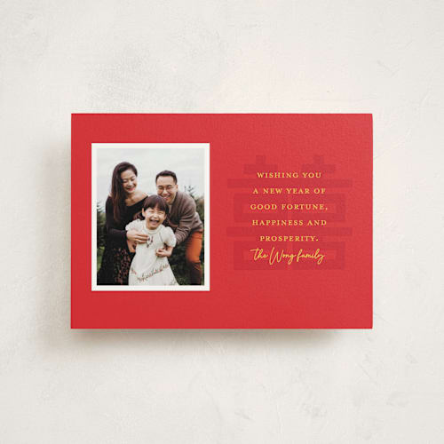 This is a scarlet chinese new year cards with standard by Alexandra Cohn called lunar new year wishes printing on signature in postcard