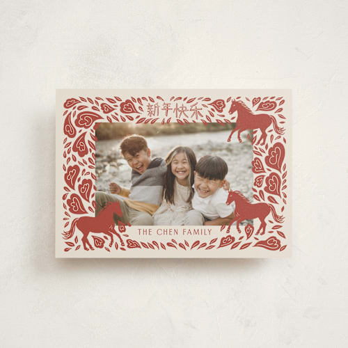 This is a crimson chinese new year cards with standard by Katharine Watson called papercut horse printing on signature in postcard