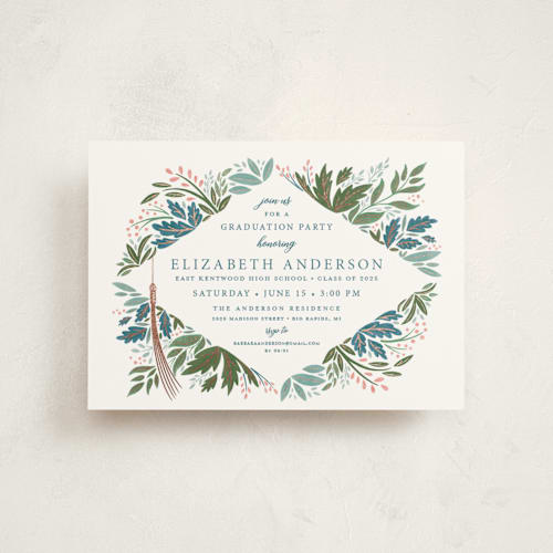 This is a garden graduation invitations with foil pressed by Paper Sun Studio called flourish printing on signature in postcard