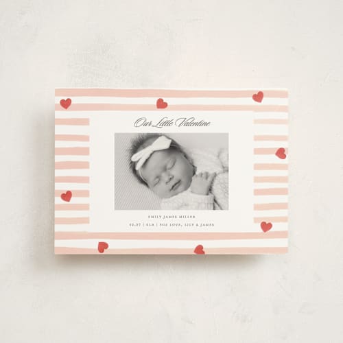 This is a blush valentine postcards with standard by Teju Reval called stripes and hearts printing on signature in postcard
