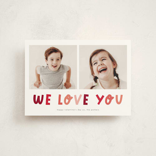 This is a cotton valentine postcards with standard by Stacey Meacham called we love you printing on signature in postcard