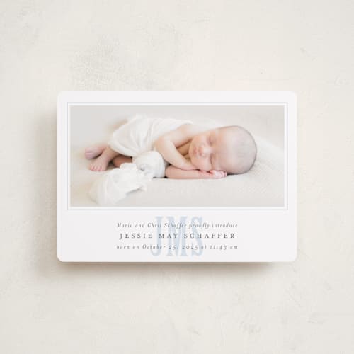 This is a sky petite birth announcements with standard by Erin Hodges called classic monogram printing on smooth signature in petite