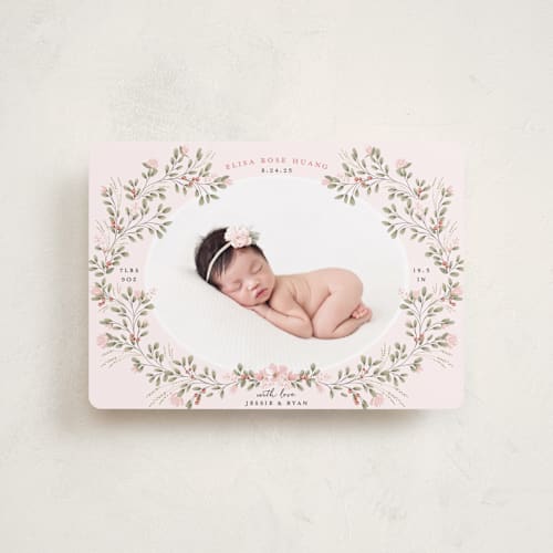 This is a blush petite birth announcements with standard by Susan Moyal called sweet floral vine printing on recycled smooth signature in petite