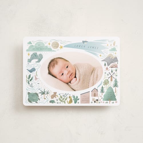 This is a blue jay petite birth announcements with standard by Grae called a wonderful world printing on recycled smooth signature in petite