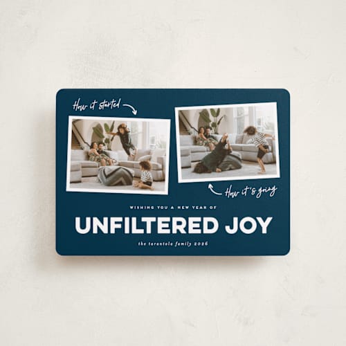 This is a navy petite holiday cards with standard by Erica Krystek called unfiltered joy printing on recycled smooth signature in petite