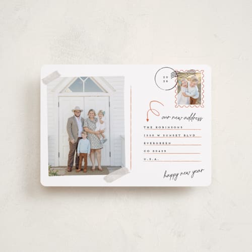 This is a cinnamon petite holiday cards with standard by Gwen Bedat called return address printing on recycled smooth signature in petite