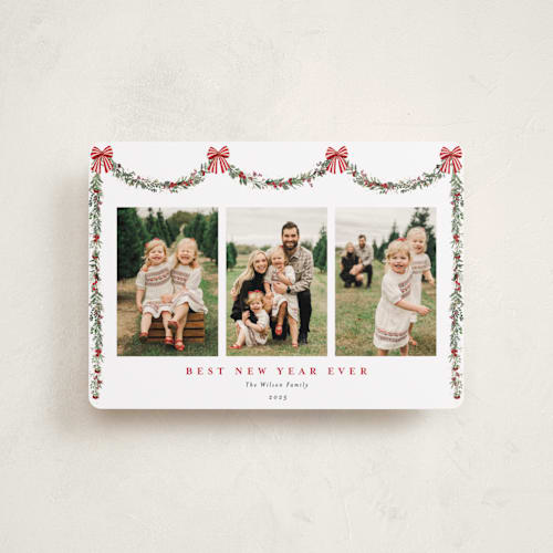This is a peppermint petite holiday cards with standard by Susan Moyal called joyful holly printing on recycled smooth signature in petite