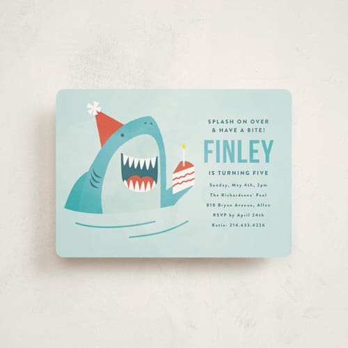 This is a ocean petite kids birthday invitations with standard by Susan Asbill called shark splash printing on signature in petite