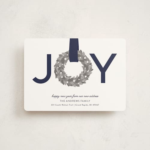 This is a blueberry petite holiday cards with standard by Sarah Brown called joy wreath printing on signature in petite