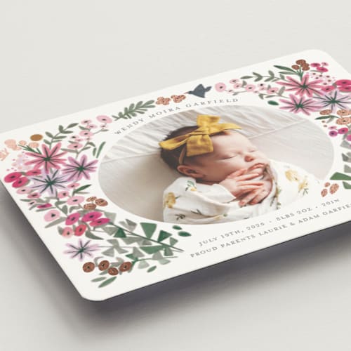 This is a rose birth announcement magnets with foil pressed by Morgan Ramberg called blossom baby printing on magnet paper in magnet