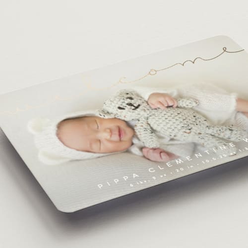 This is a cloud birth announcement magnets with foil pressed by Olivia Raufman called delicate welcome printing on magnet paper in magnet