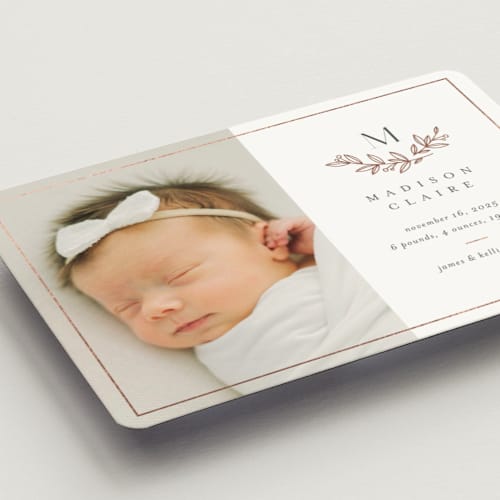This is a lace birth announcement magnets with foil pressed by Jessica Williams called graceful laurels printing on magnet paper in magnet
