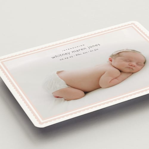 This is a baby blush birth announcement magnets with standard by Carolyn MacLaren called scalloped border printing on magnet paper in magnet
