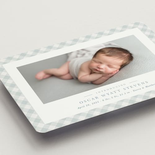This is a sky birth announcement magnets with standard by Lea Delaveris called checked printing on magnet paper in magnet