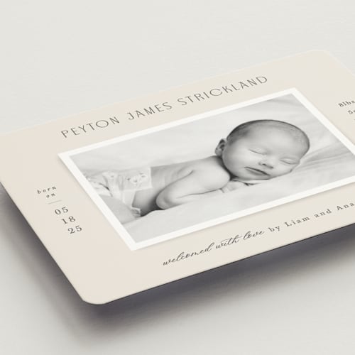 This is a cream birth announcement magnets with standard by Hooray Creative called classical printing on magnet paper in magnet