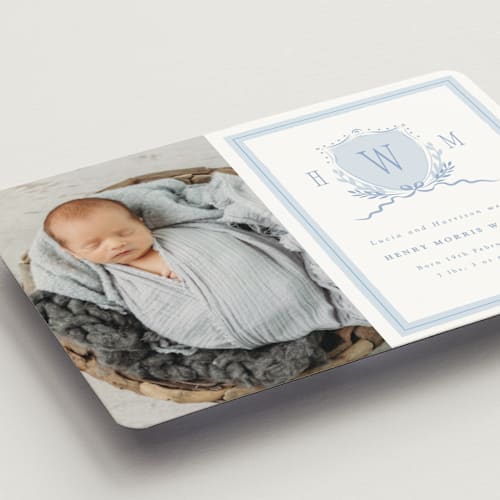 This is a sky birth announcement magnets with standard by Corinne Malesic called crest printing on magnet paper in magnet