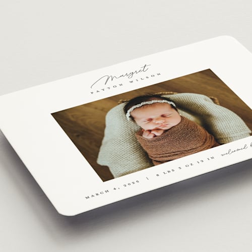 This is a pearl birth announcement magnets with standard by Pixel and Hank called simply lovely printing on magnet paper in magnet
