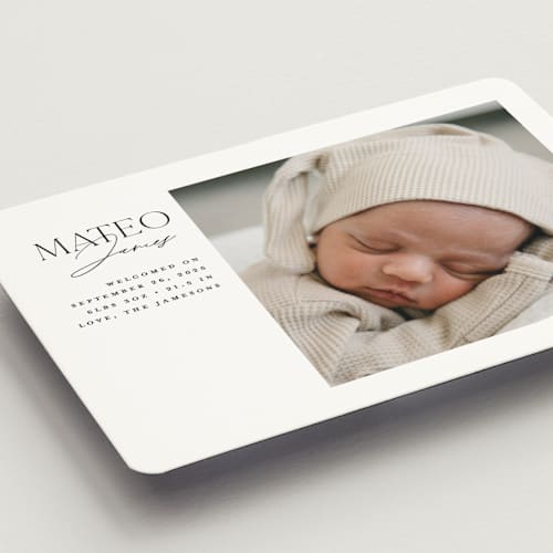 This is a snow birth announcement magnets with standard by Erin Deegan called modern arc printing on magnet paper in magnet