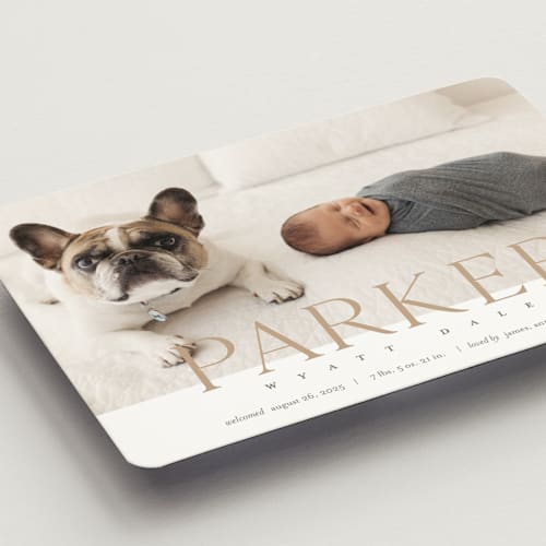 This is a toffee birth announcement magnets with standard by Eric Clegg called modern classic printing on magnet paper in magnet