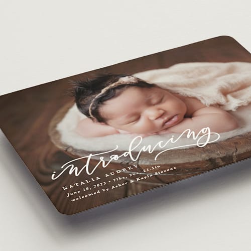 This is a marble birth announcement magnets with standard by Lea Delaveris called introducing printing on magnet paper in magnet