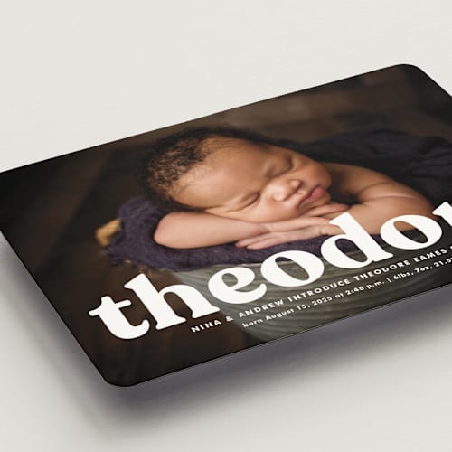 This is a ghost birth announcement magnets with standard by Lea Delaveris called modern vintage printing on magnet paper in magnet