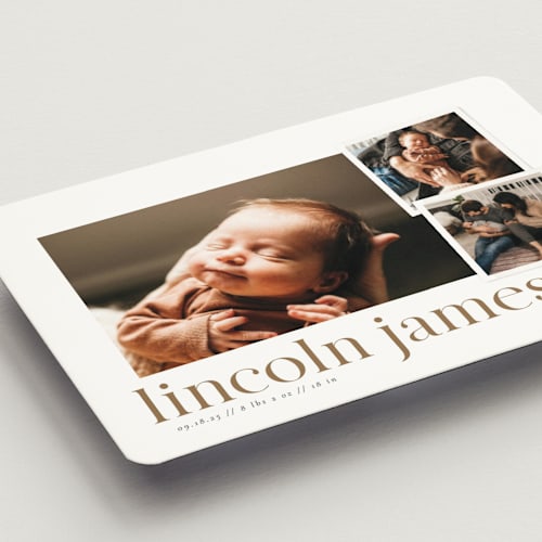 This is a linen birth announcement magnets with standard by Robert and Stella called little snaps printing on magnet paper in magnet